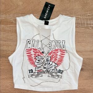 SHEIN White Sleeveless Split Neck with Silver Chain detail Muscle Tee Crop